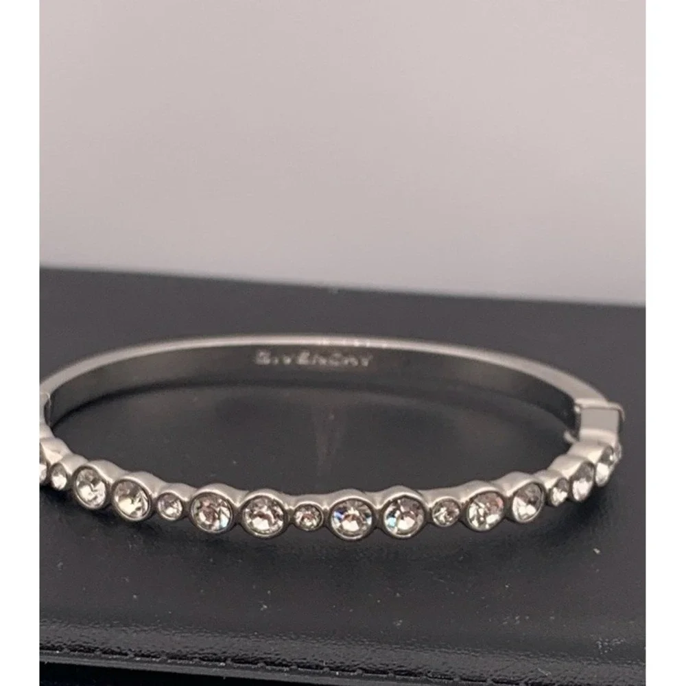 Givenchy Silver Tone Crystal Hinged Bangle Bracelet Signed (READ)